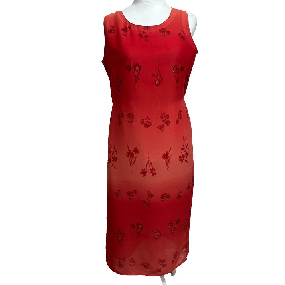 Vtg MHM Melissa Harper Chiffon Sheath Dress Womens 10 Red Midi Y2K Elegant